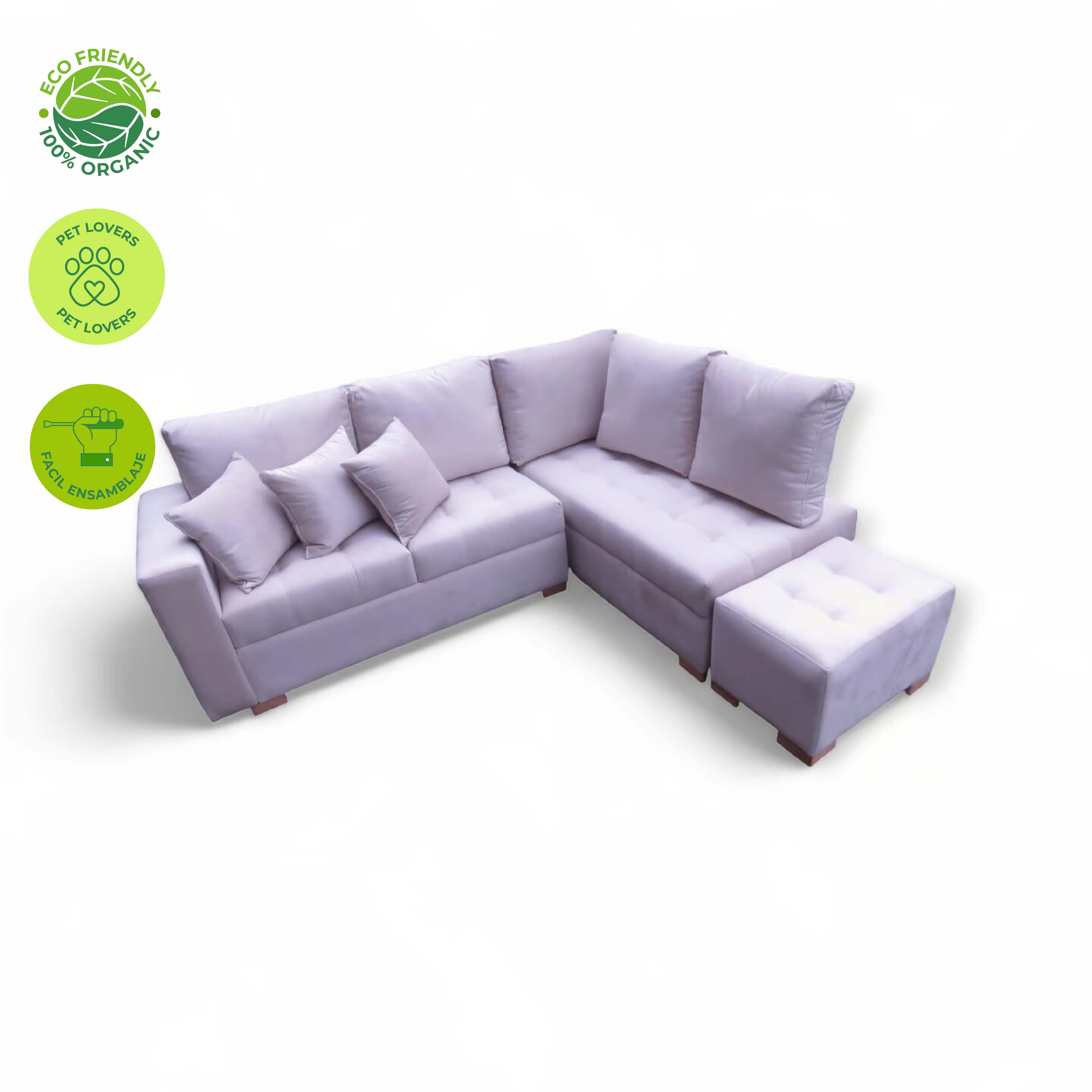 Muebles Modernos en L Sala con Sofá esquinero y 1 Puff en Color Blanco