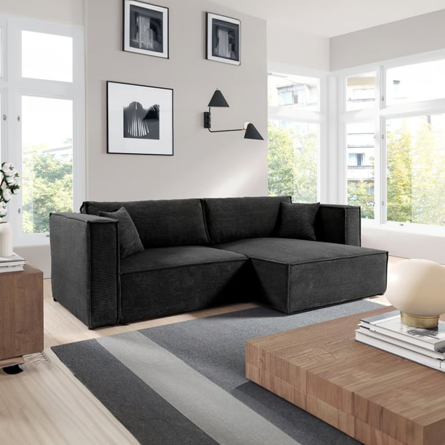 Sofá esquinero en L Advance en tela microfibra negro 2 Puestos